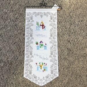 Heritage Lace Elegant White Fabric Christmas Holiday Banner Snowman Birds NWT